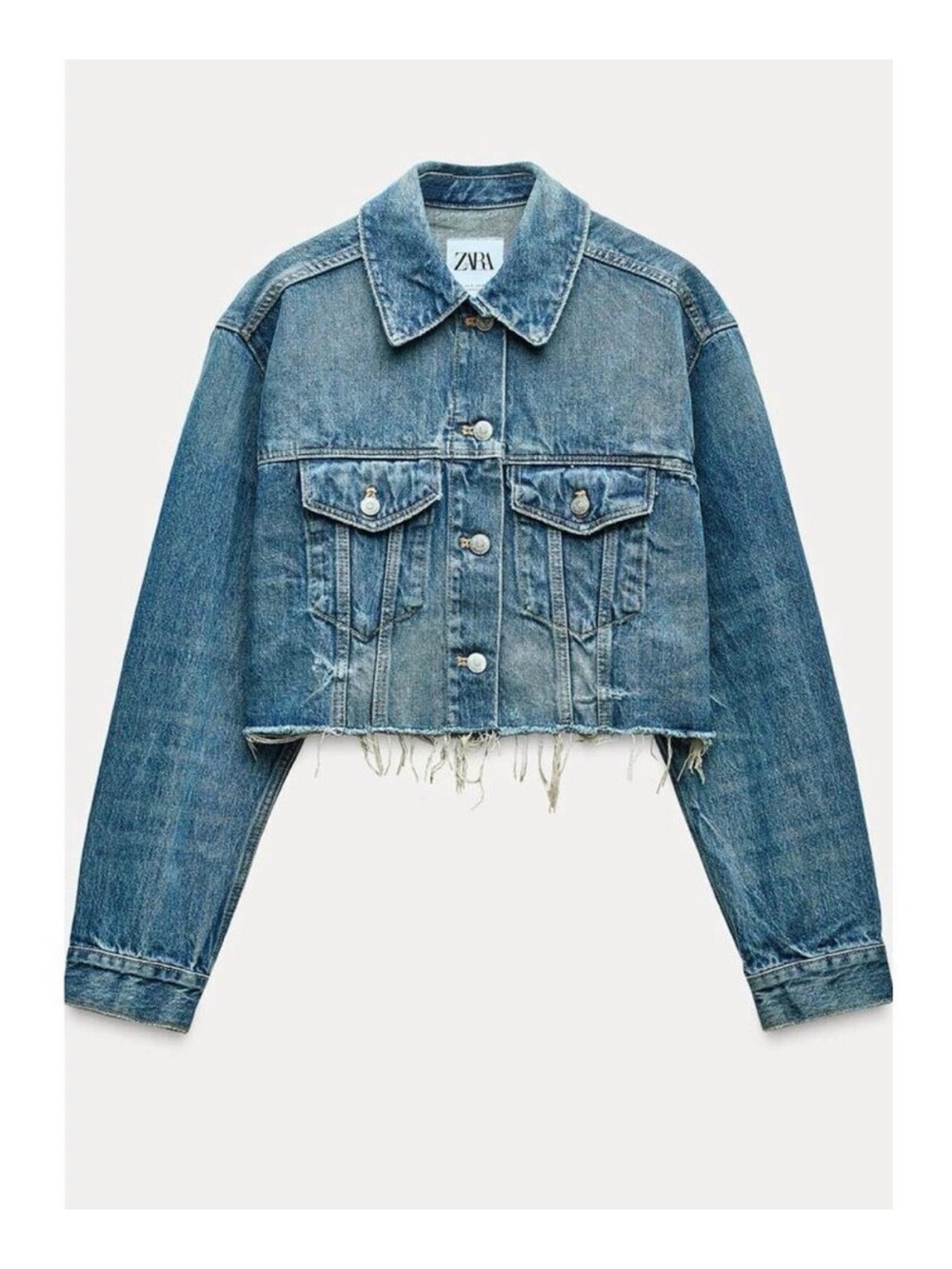 Zara Womens Size Small Cropped Denim Jacket Light Wash Frayed
Hem Pockets